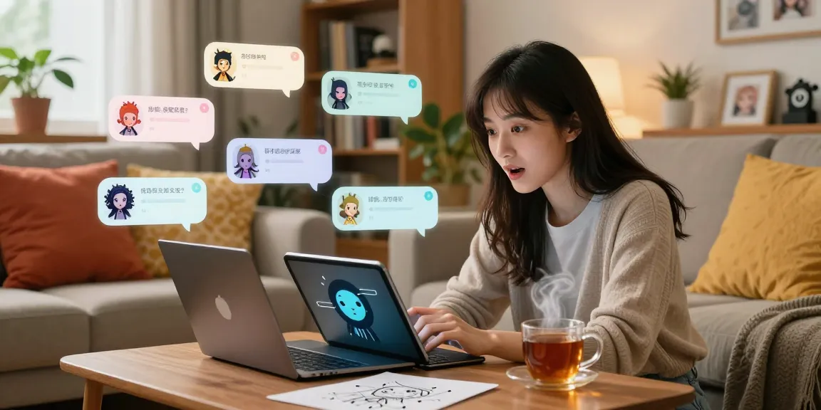 Young woman interacting with AI chatbot in a cozy living room, showcasing crush on ai features.