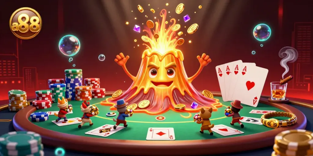 Engage with exciting gameplay at au88 featuring a golden volcano erupting coins in a vibrant casino setting.