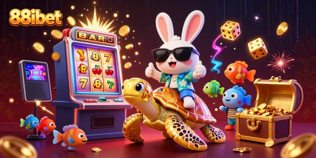 88ibet offers an exciting casino experience with a playful rabbit and sea turtle in a vibrant gaming scene.