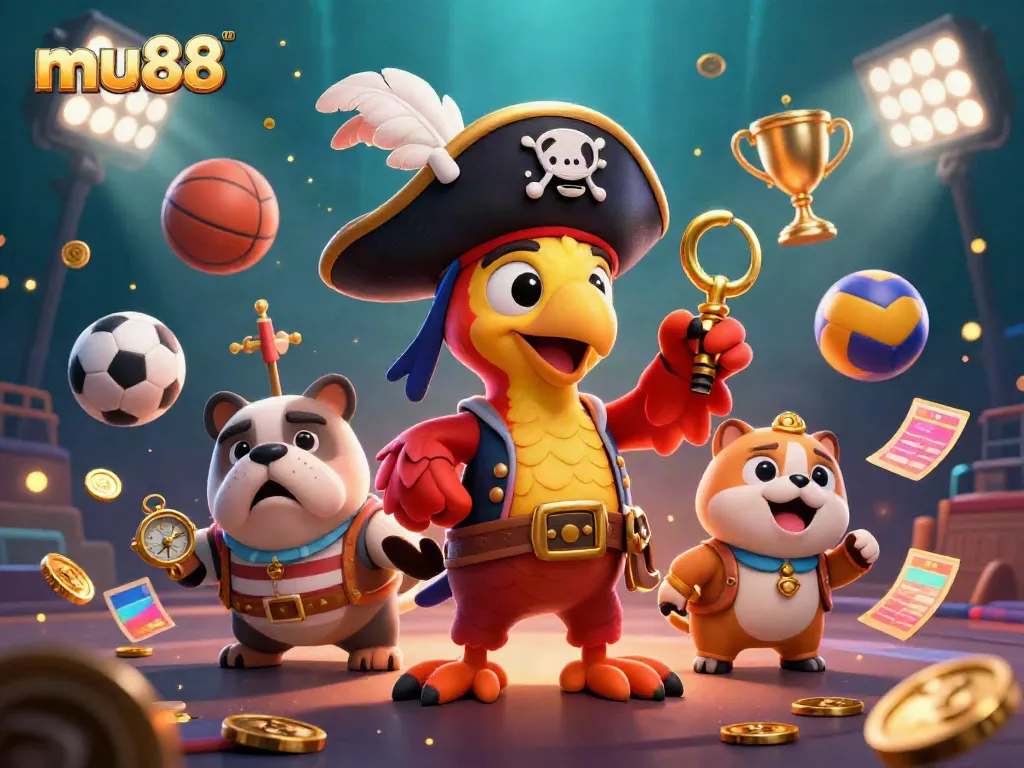 Experience the thrilling action of mu88 with dynamic sports elements around colorful cartoon characters.