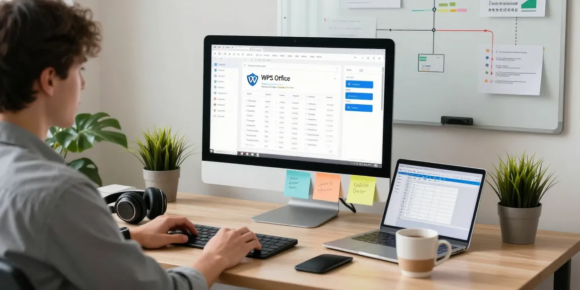 Download WPS Office in a modern workspace featuring productivity tools and a focused individual.