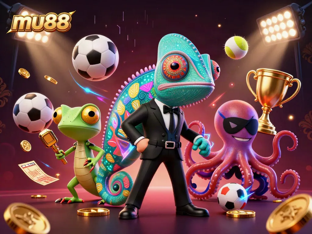 mu88 features vibrant gambling dynamics with colorful characters and sports elements in a detailed digital illustration.