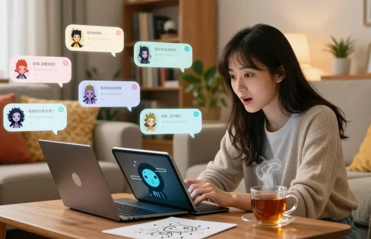 Young woman interacting with AI chatbot in a cozy living room, showcasing crush on ai features.