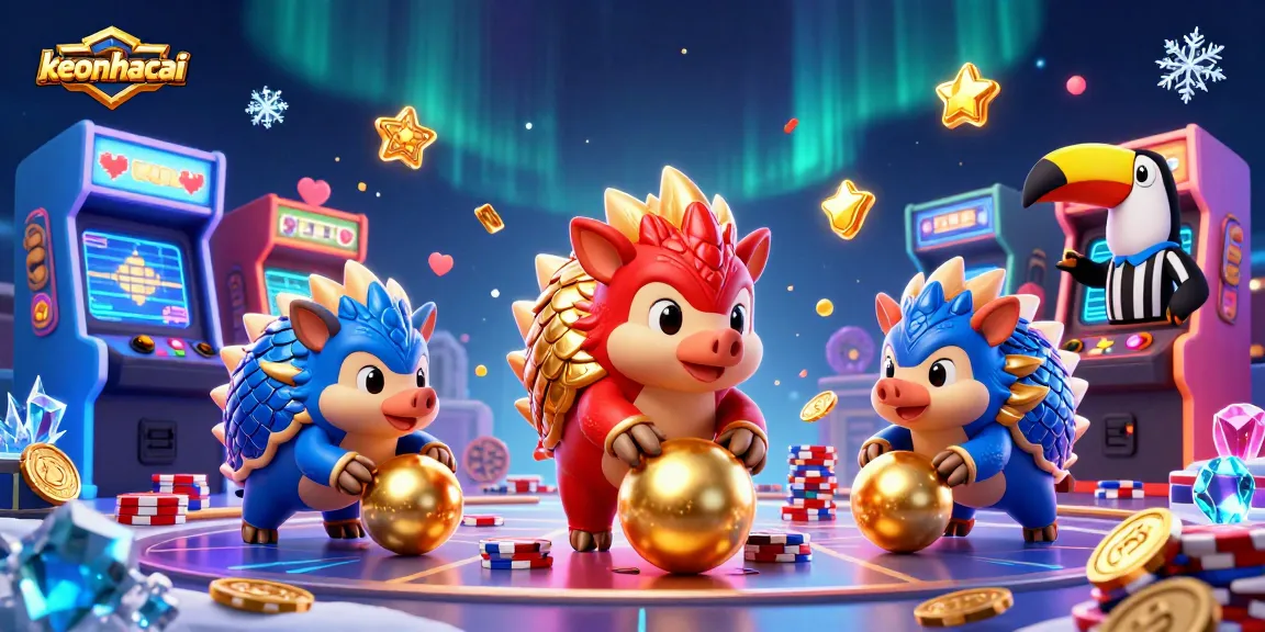 Experience the excitement of keonhacai as vibrant pangolins bowl through poker chips in an arcade-casino scene.