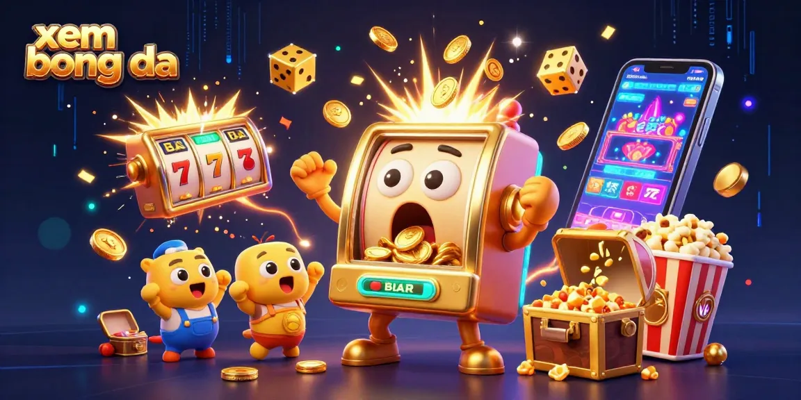 Experience xem bong da excitement with a vibrant 3D scene of a golden slot machine hitting the jackpot.